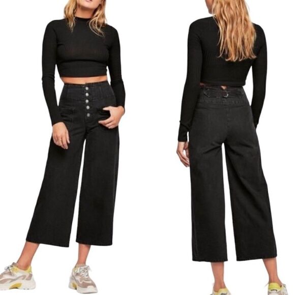 Free People Denim - Free people high rise button fly wide let cropped jeans black
